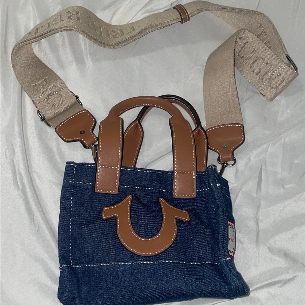 True Religion Denim and Tan Leather Messenger Bag